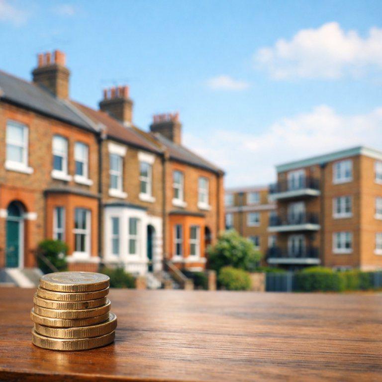 British leasehold flats with pound coins representing ground rent