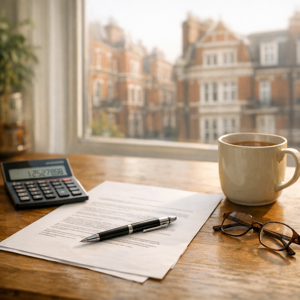 A lease document, pen and calculator on a kitchen table in a London flat